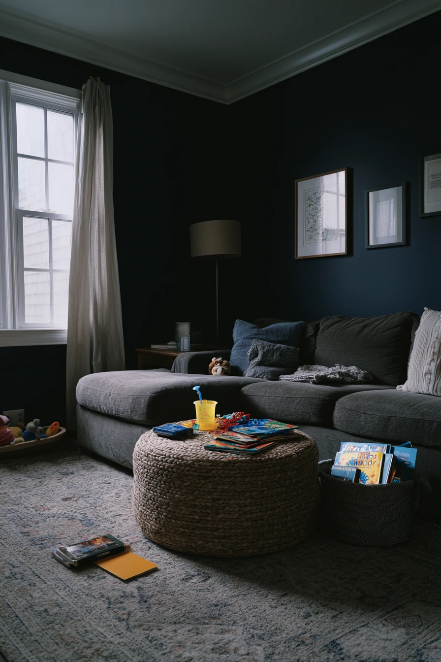 Modern Dark Living Room With Kids