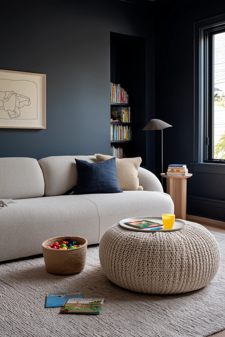 Modern Dark Living Room With Kids