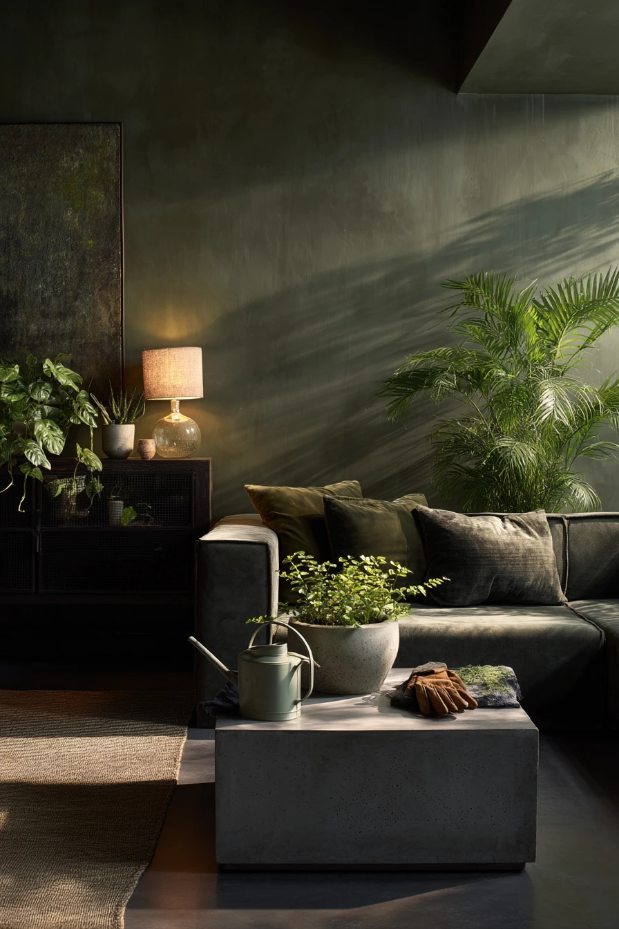 Dark Living Room With Plants and Shadows