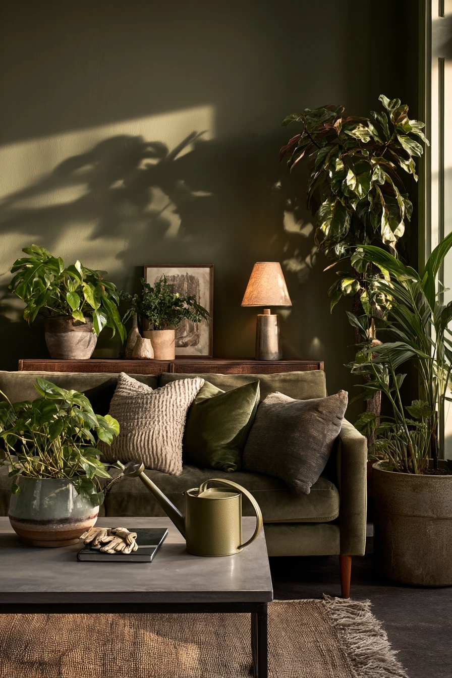 Dark Living Room With Plants and Shadows