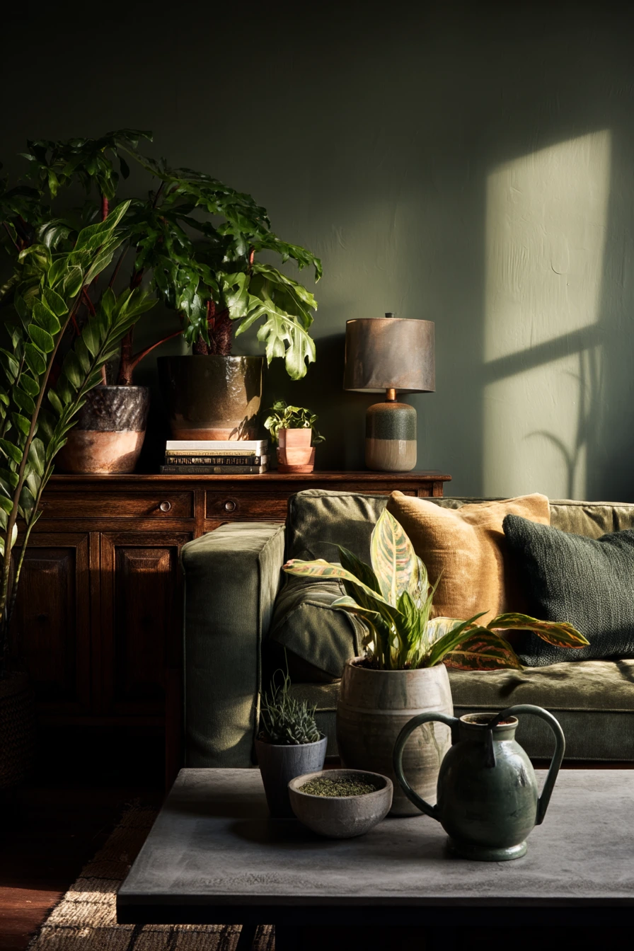 Dark Living Room With Plants and Shadows