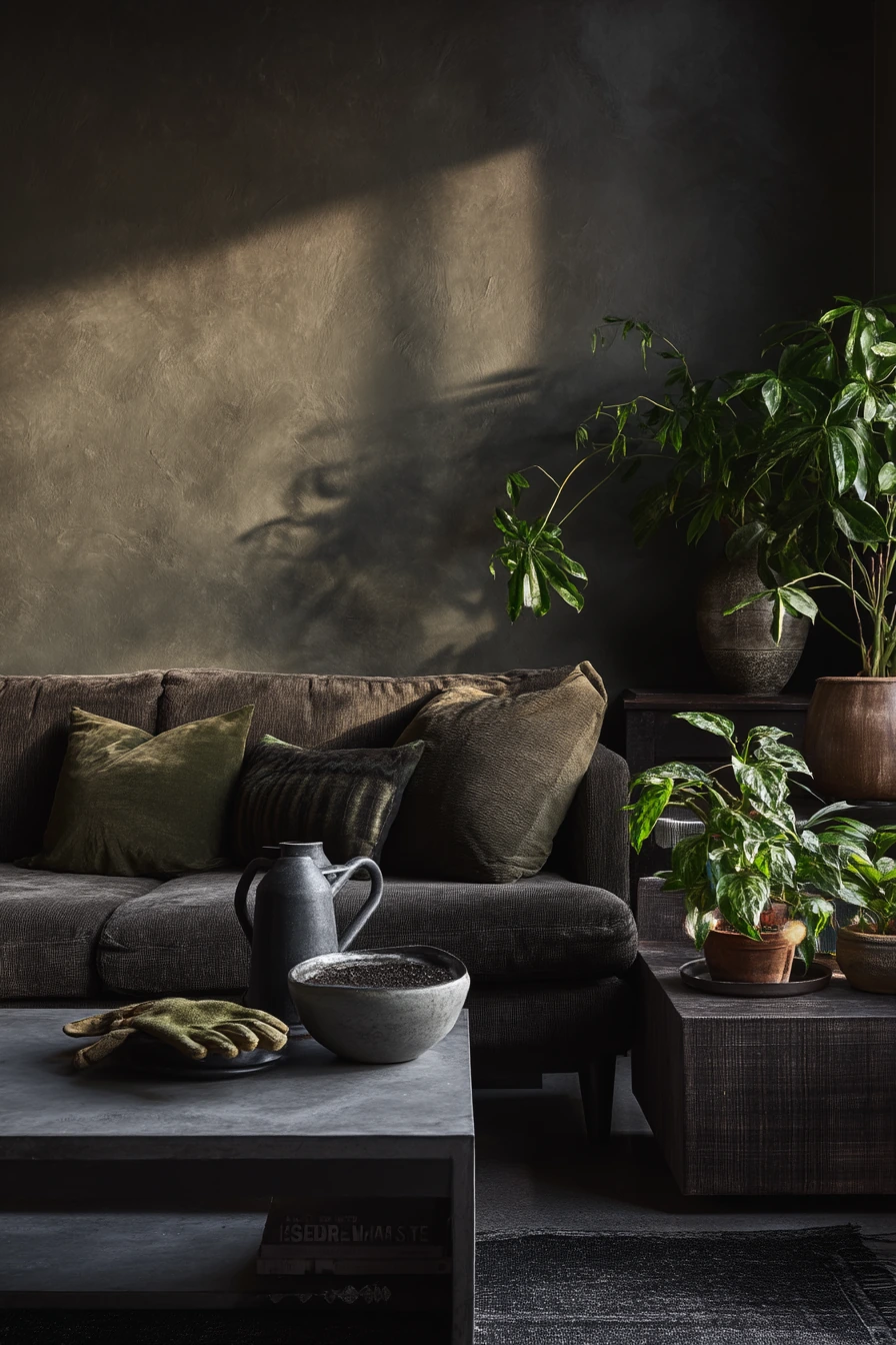 Dark Living Room With Plants and Shadows