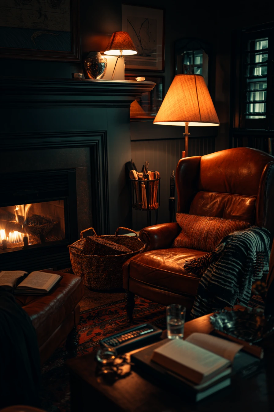 Dark Living Room With Fireplace Glow