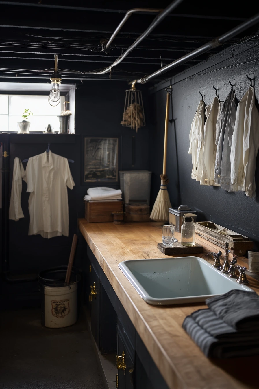 Moody Basement Laundry with Vintage Utility Feel