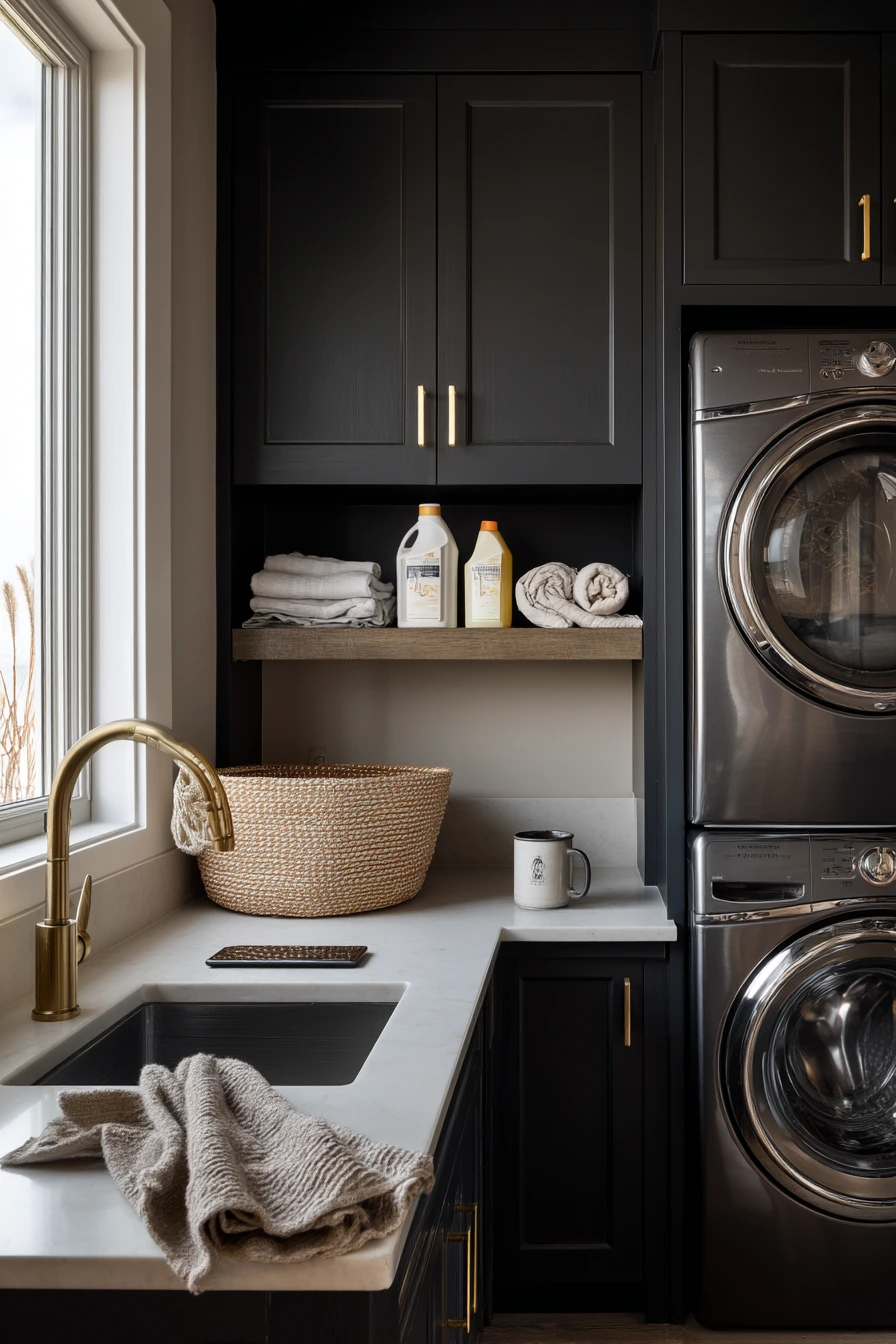 Couple’s Main-Floor Laundry with Brass and Stone