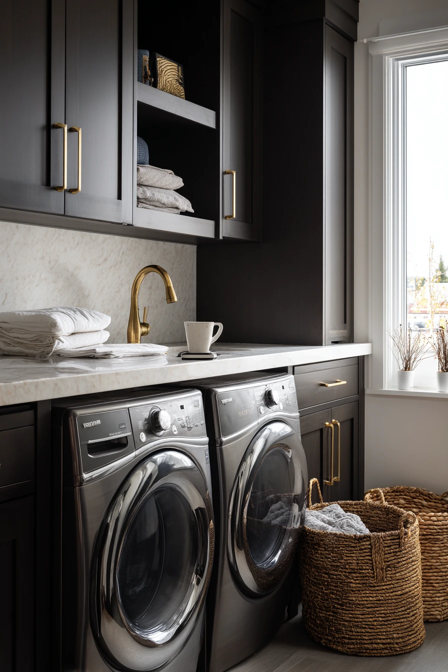 Couple’s Main-Floor Laundry with Brass and Stone