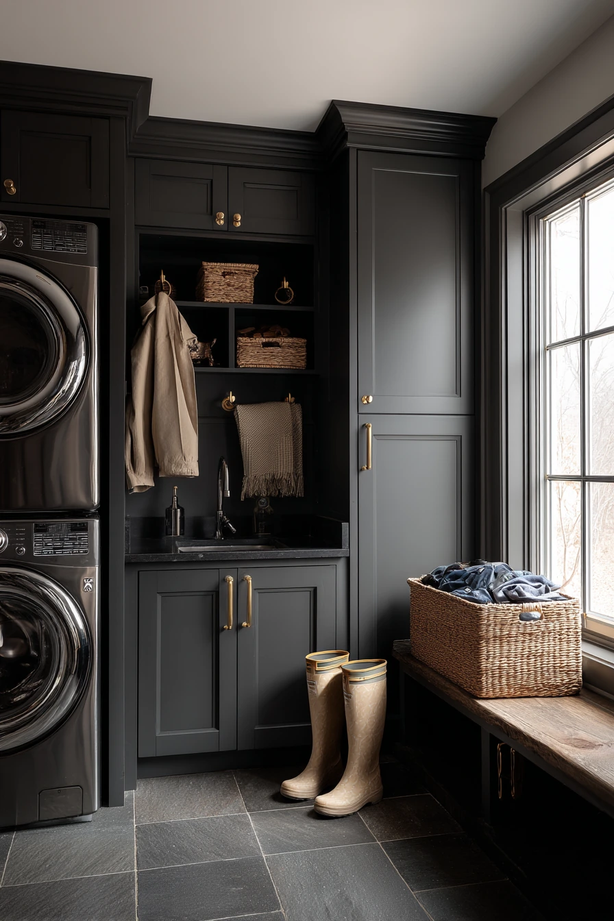 Family Mudroom Laundry with Matte Charcoal Cabinets
