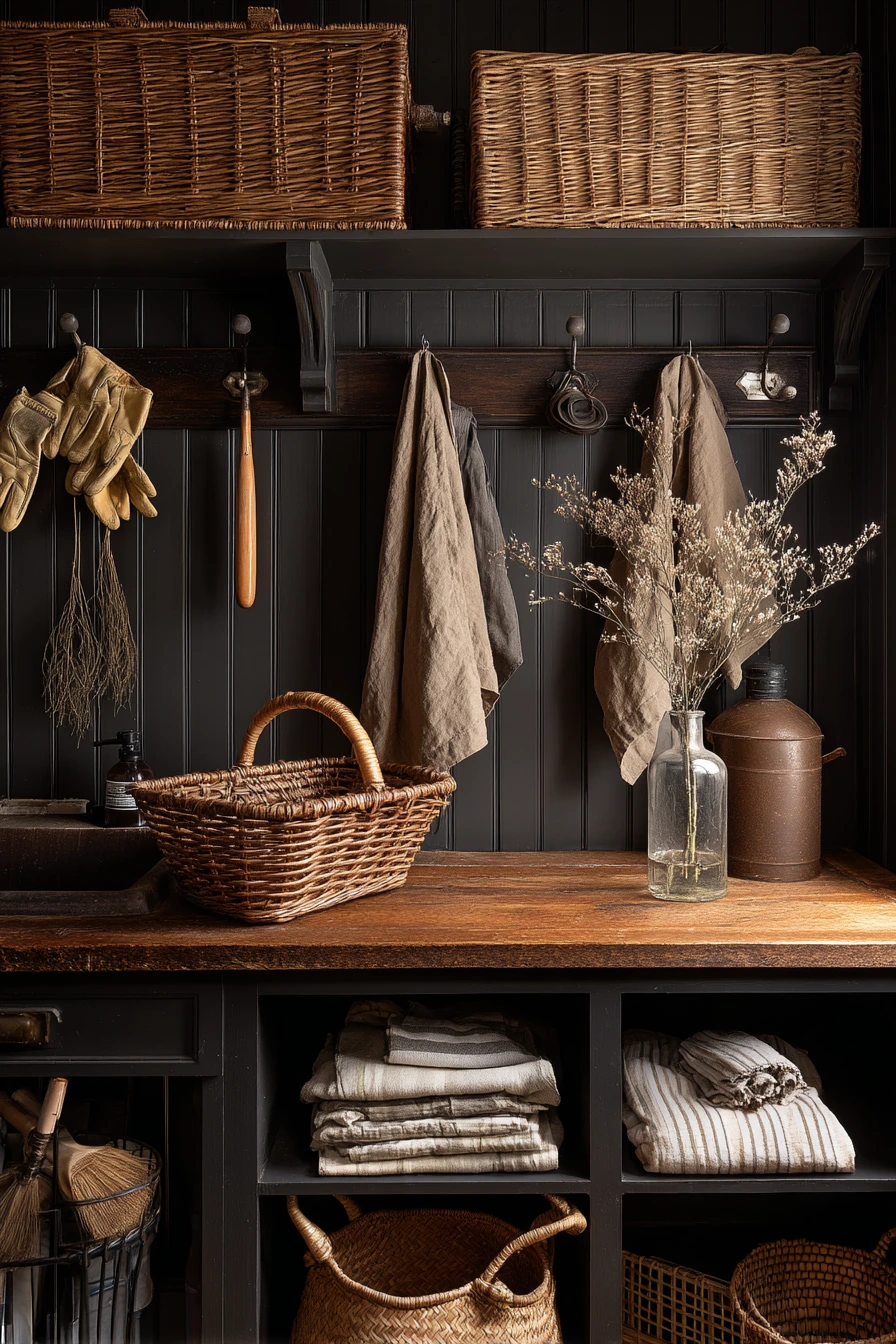 Farmhouse Laundry with Black Walls and Warm Wood