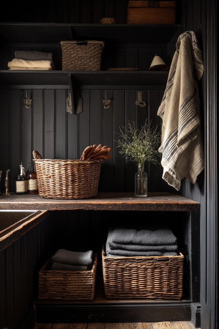 Farmhouse Laundry with Black Walls and Warm Wood