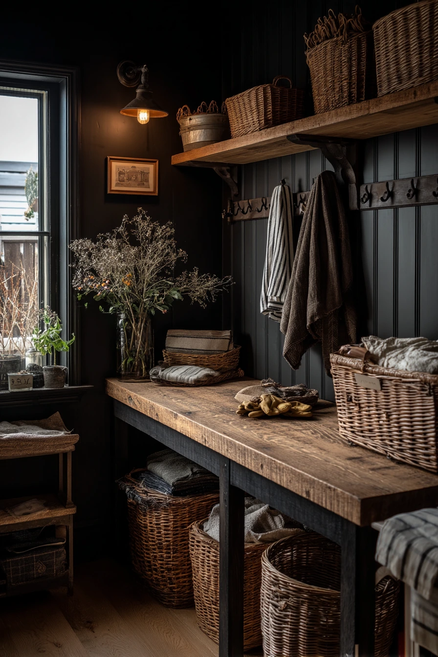 Farmhouse Laundry with Black Walls and Warm Wood