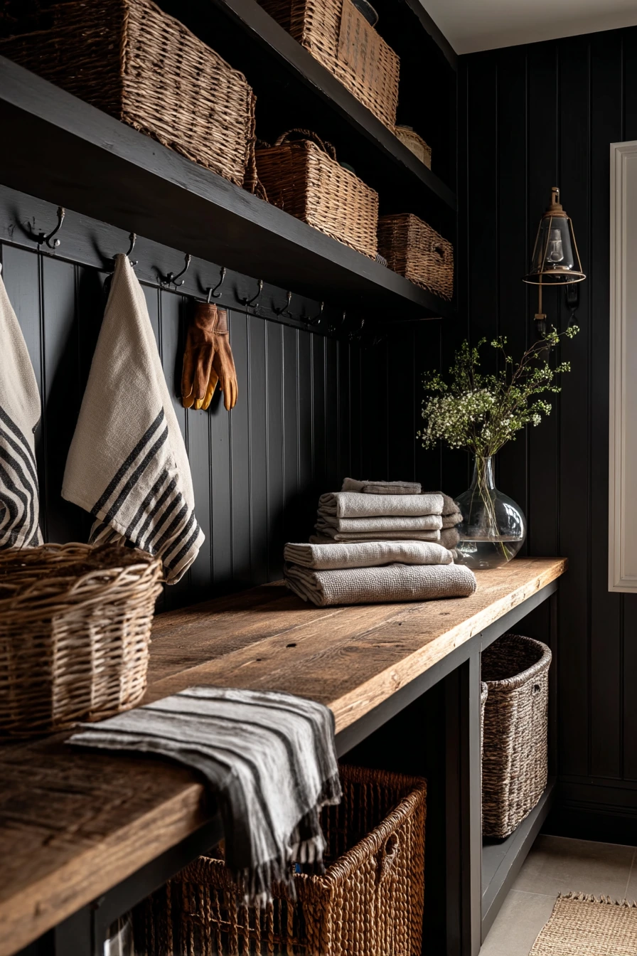 Farmhouse Laundry with Black Walls and Warm Wood