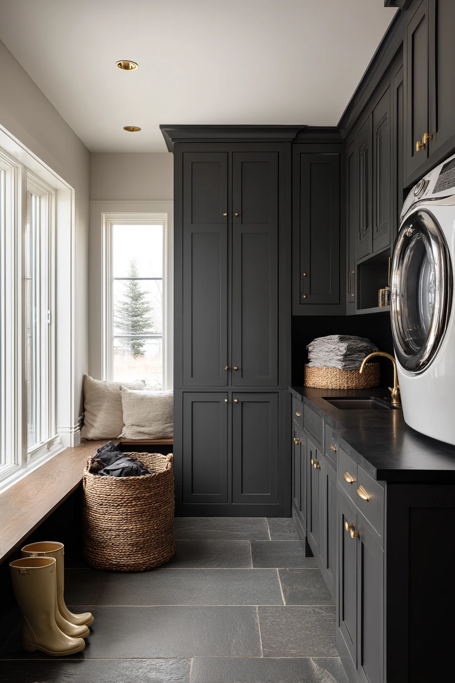 Family Mudroom Laundry with Matte Charcoal Cabinets