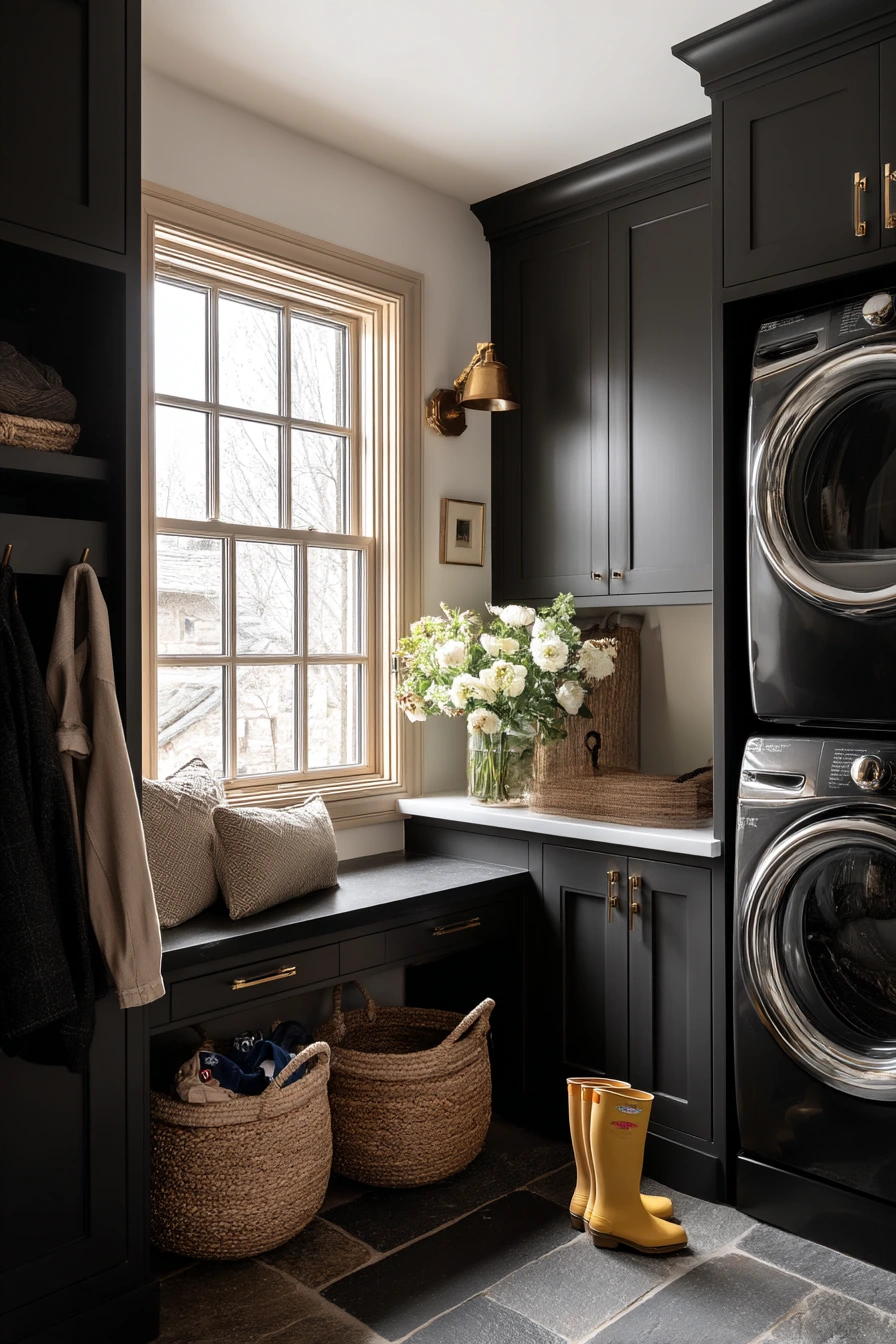 Family Mudroom Laundry with Matte Charcoal Cabinets