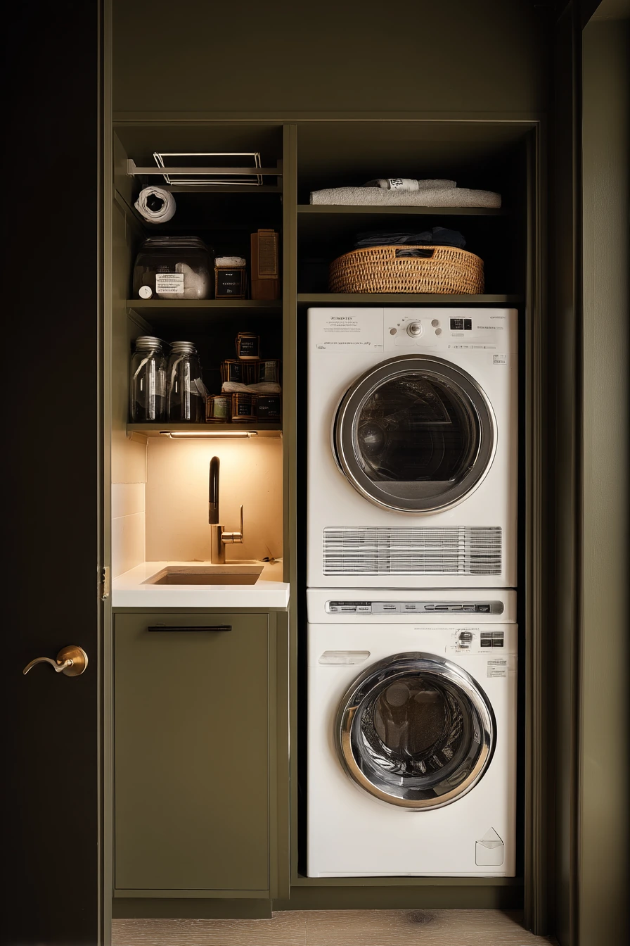 Small-Space Laundry Closet in Deep Olive