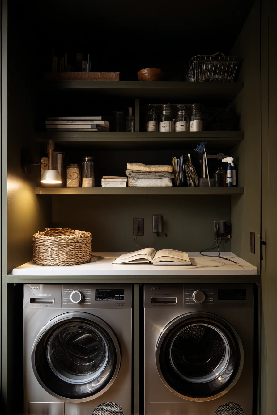 Small-Space Laundry Closet in Deep Olive