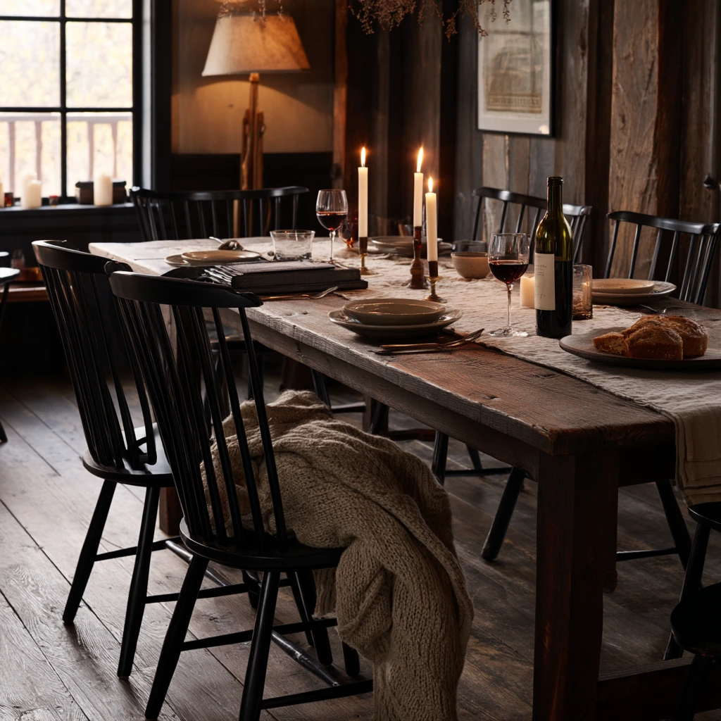 Moody Dinner Party with Candles and Dark Walnut Floors