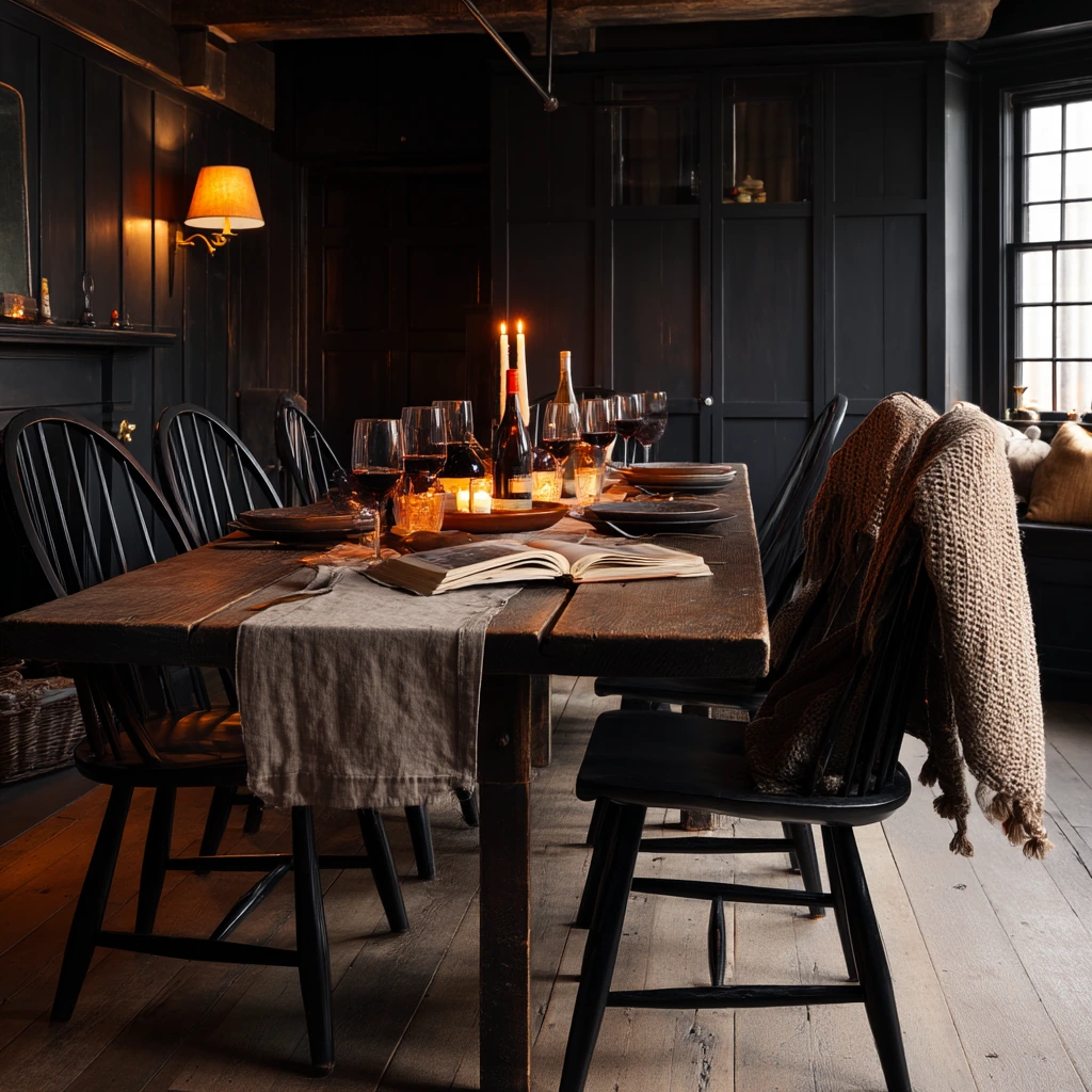 Moody Dinner Party with Candles and Dark Walnut Floors