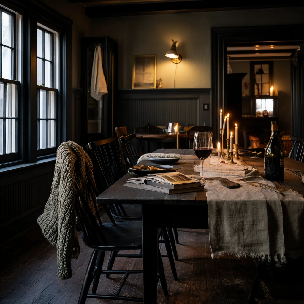 Moody Dinner Party with Candles and Dark Walnut Floors