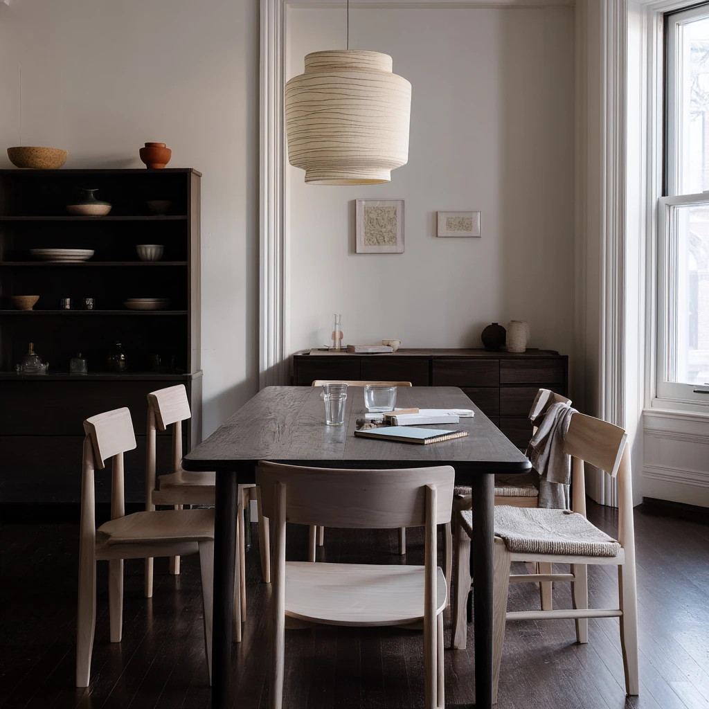Minimal Dining Room with Dark Floors and Soft Contrast