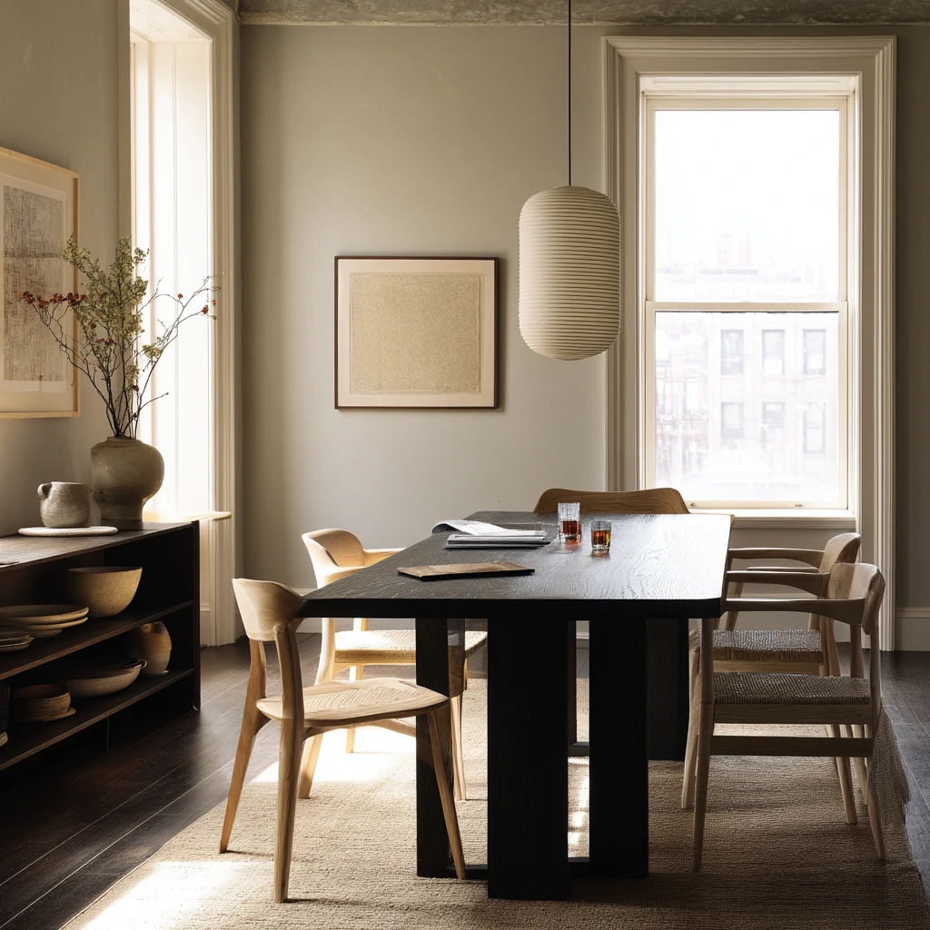 Minimal Dining Room with Dark Floors and Soft Contrast
