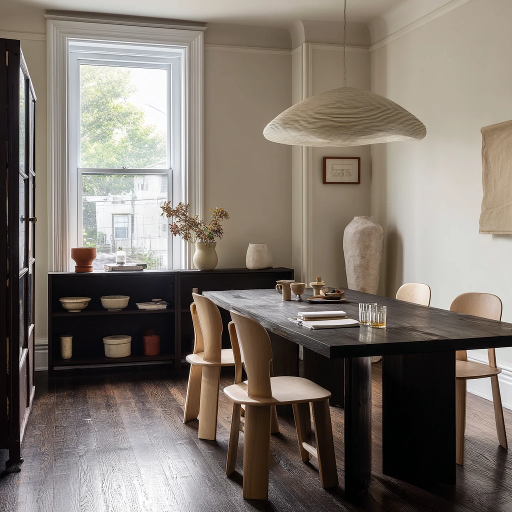 Minimal Dining Room with Dark Floors and Soft Contrast