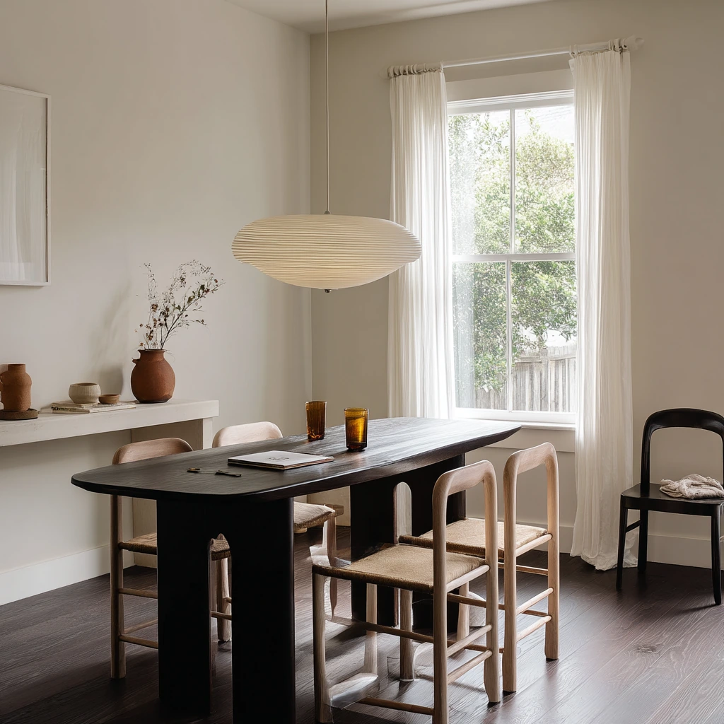 Minimal Dining Room with Dark Floors and Soft Contrast