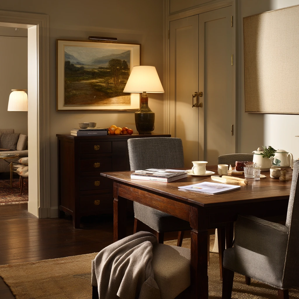Evening Glow Dining Room with Lamps and Dark Hardwood