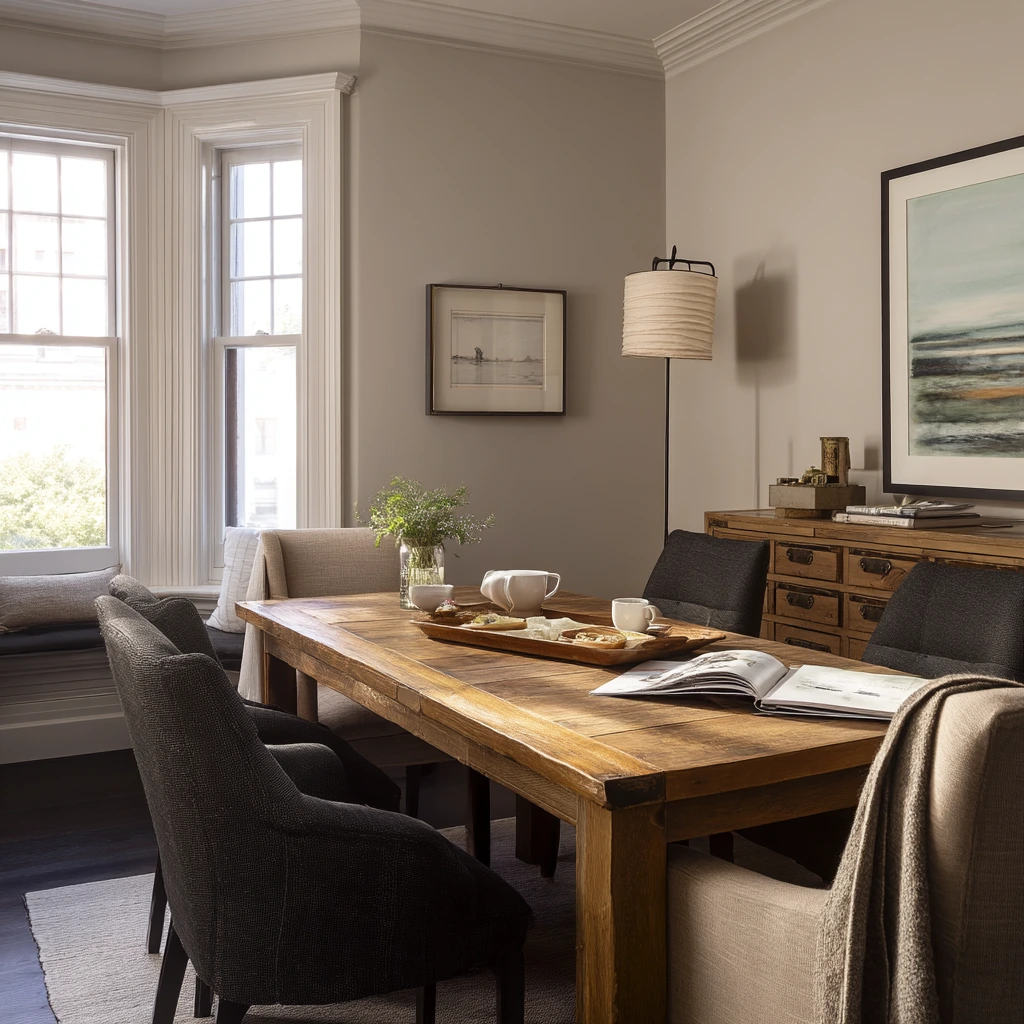 Evening Glow Dining Room with Lamps and Dark Hardwood