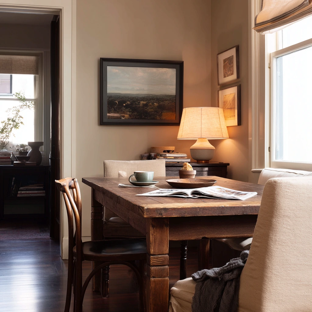 Evening Glow Dining Room with Lamps and Dark Hardwood