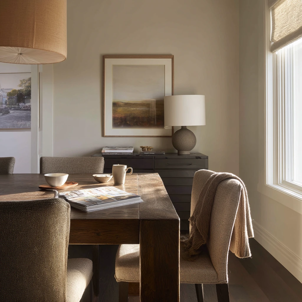 Evening Glow Dining Room with Lamps and Dark Hardwood