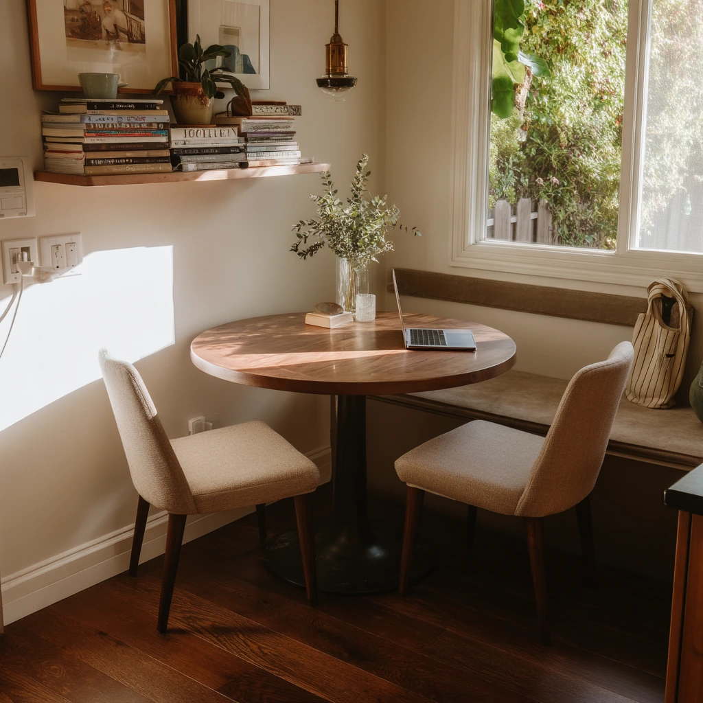 Compact Apartment Dining Nook on Dark Wood Floors