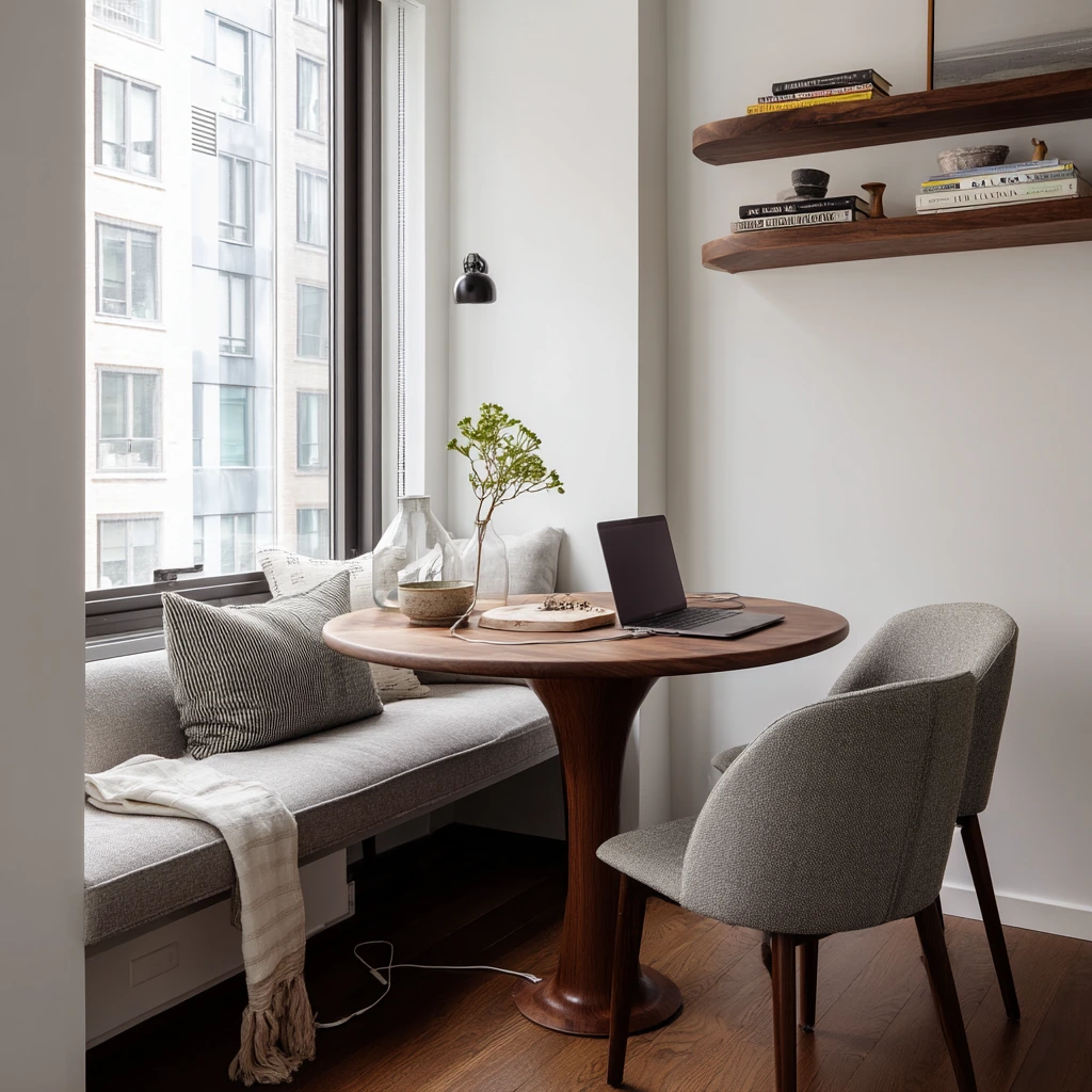 Compact Apartment Dining Nook on Dark Wood Floors