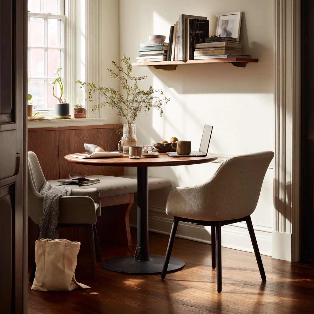 Compact Apartment Dining Nook on Dark Wood Floors