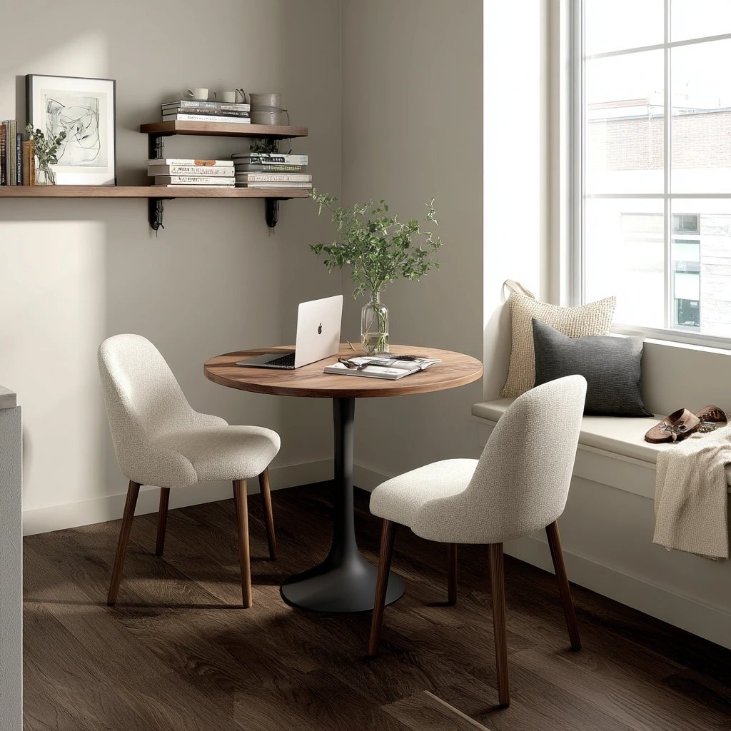 Compact Apartment Dining Nook on Dark Wood Floors