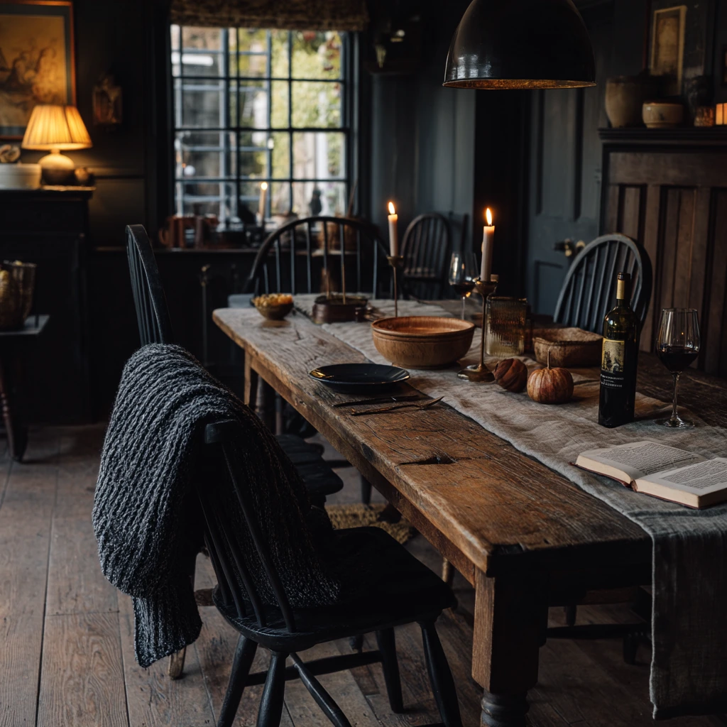 Moody Dinner Party with Candles and Dark Walnut Floors