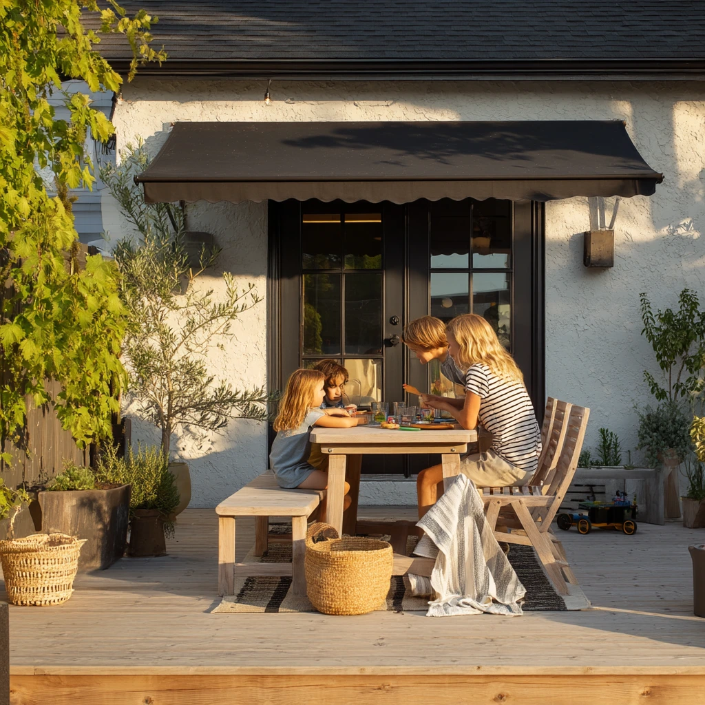 Retractable Awning Over a Busy Family Deck