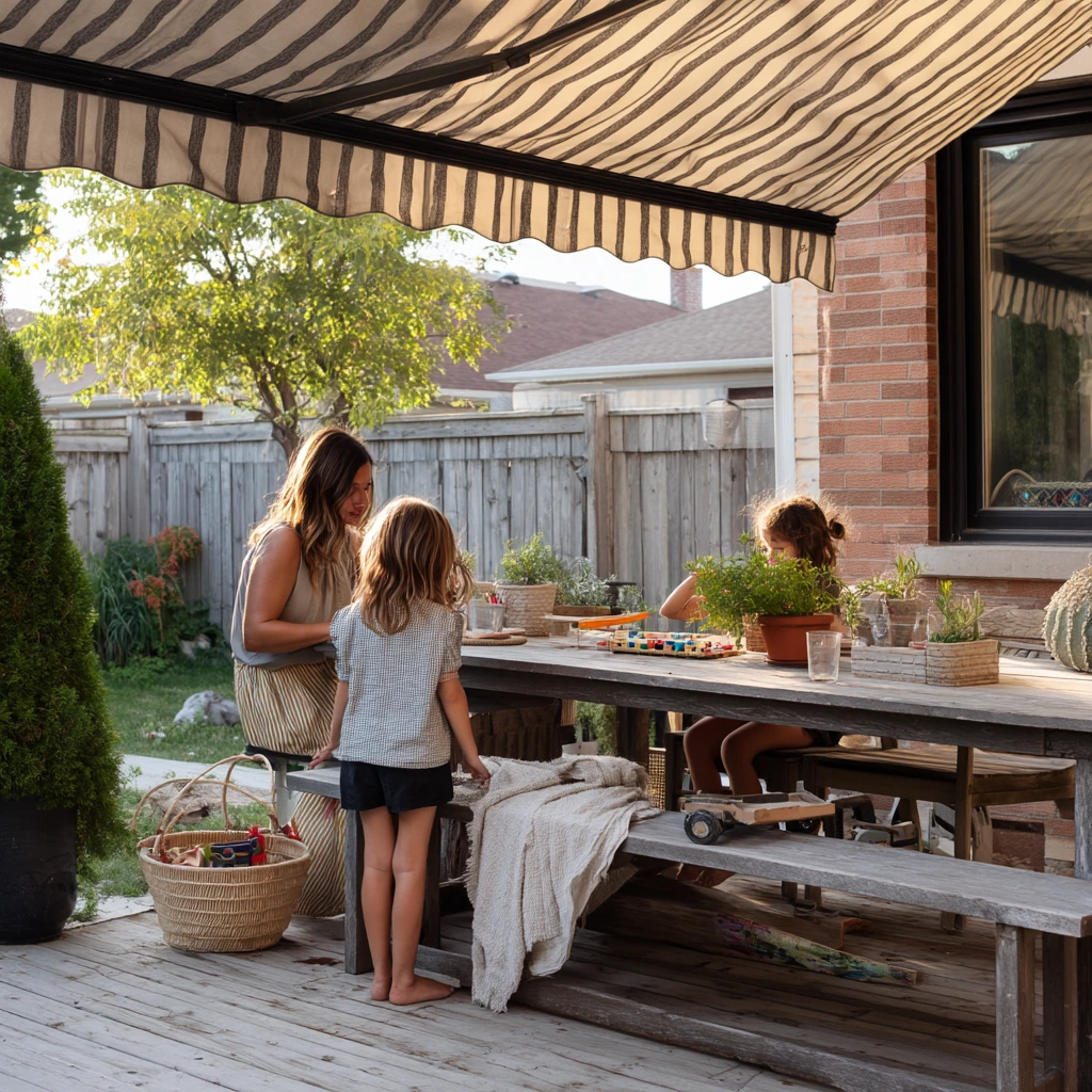 Retractable Awning Over a Busy Family Deck