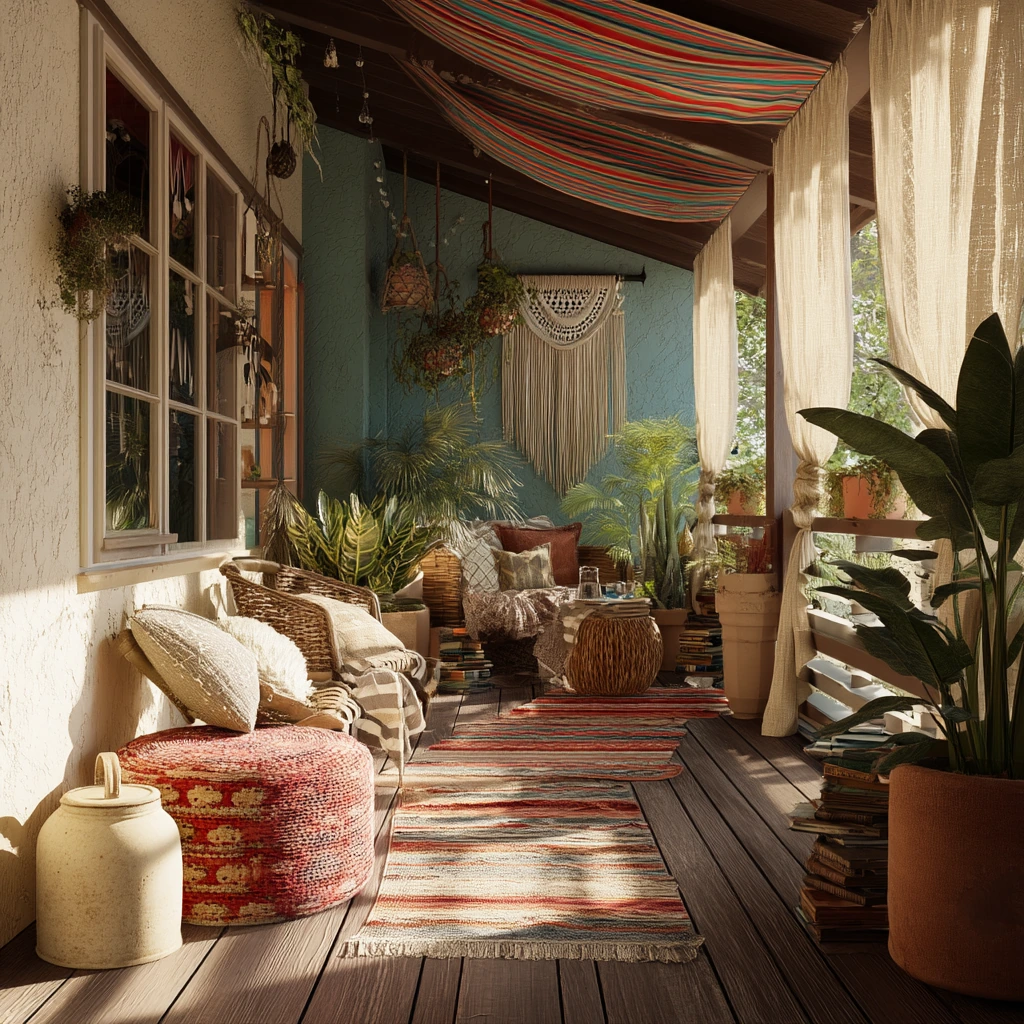 Boho Deck Awning with Layered Shade and Plants