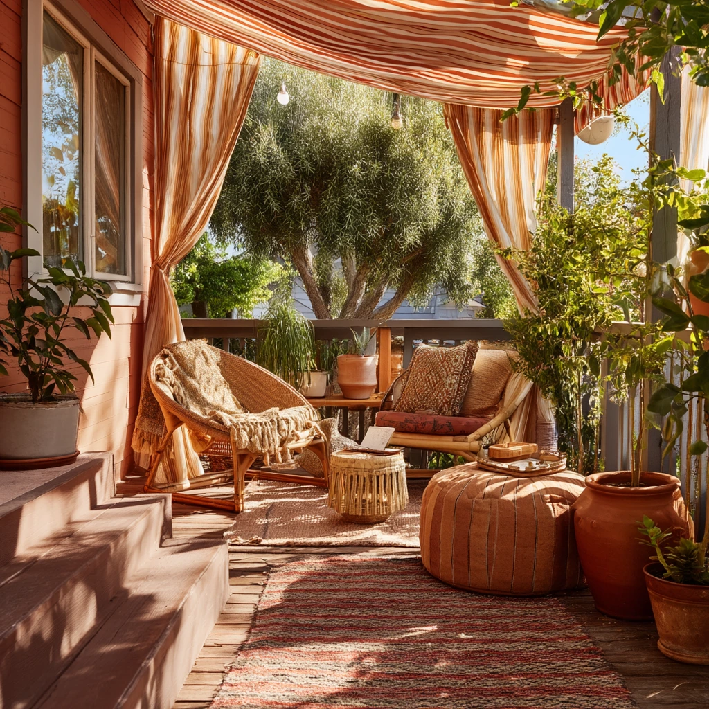 Boho Deck Awning with Layered Shade and Plants