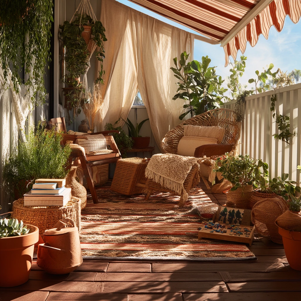 Boho Deck Awning with Layered Shade and Plants