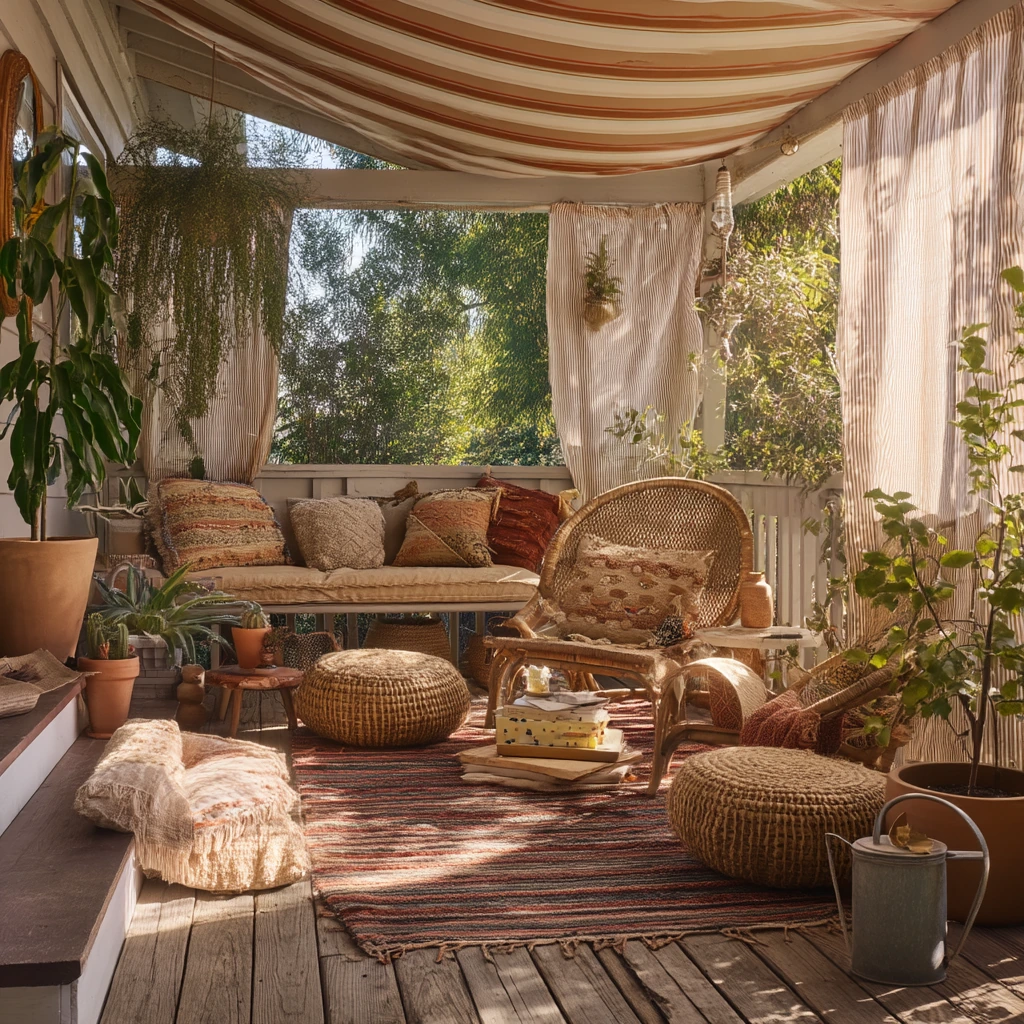 Boho Deck Awning with Layered Shade and Plants