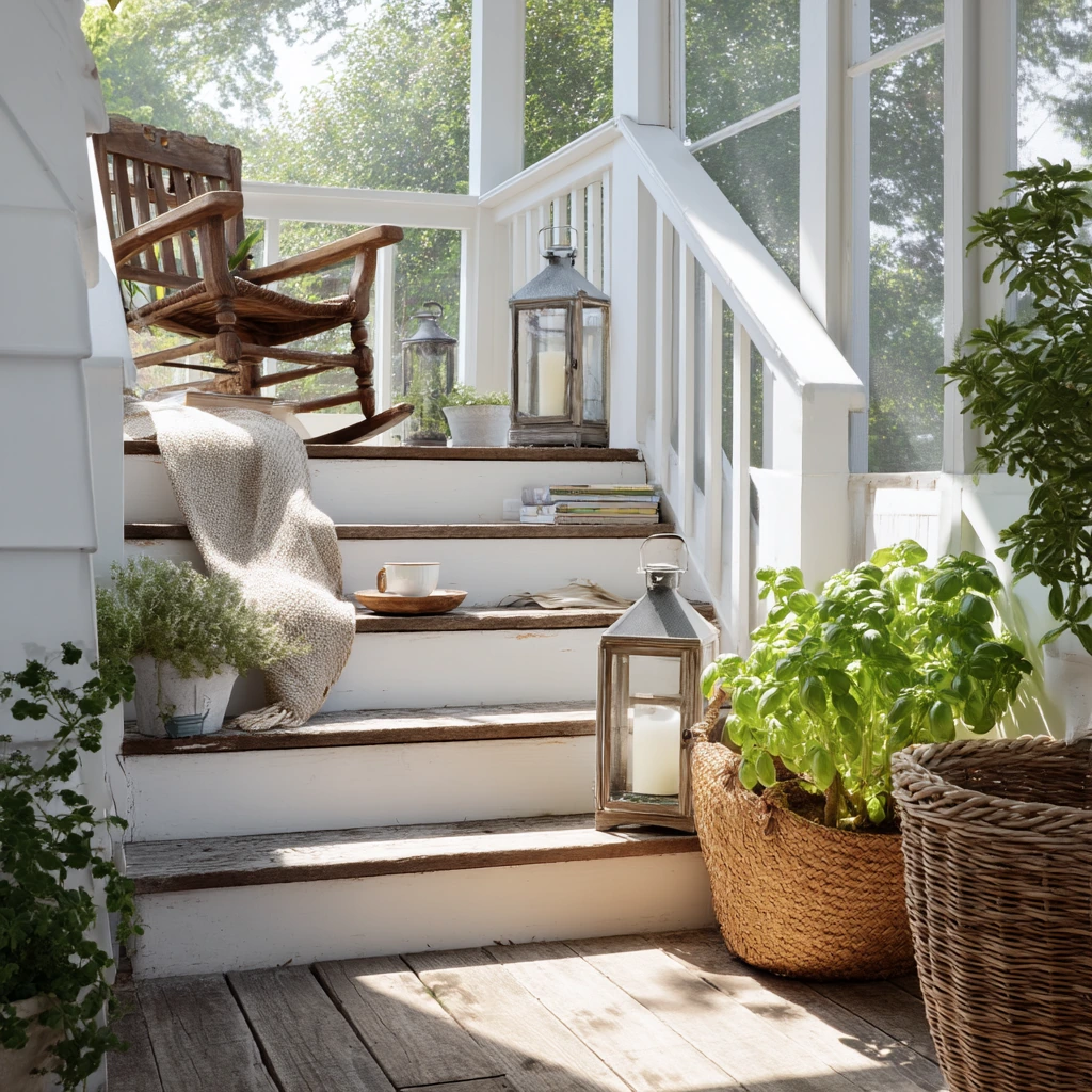 Screened Porch Steps with Cottage Warmth