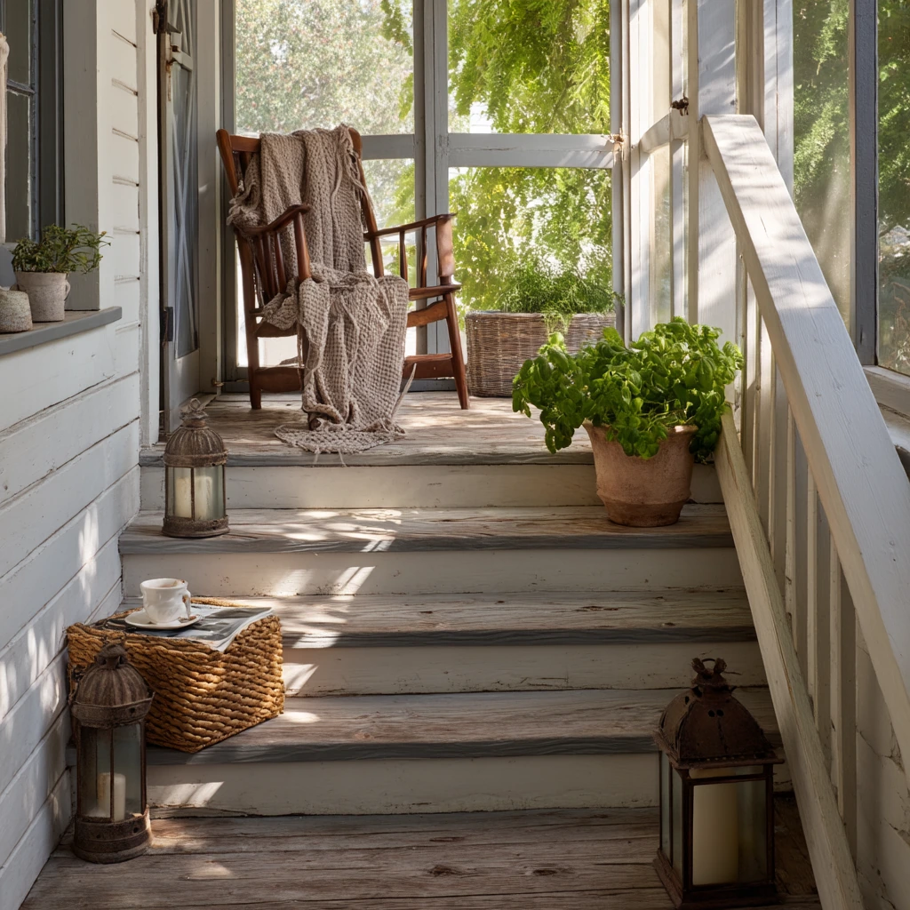 Screened Porch Steps with Cottage Warmth