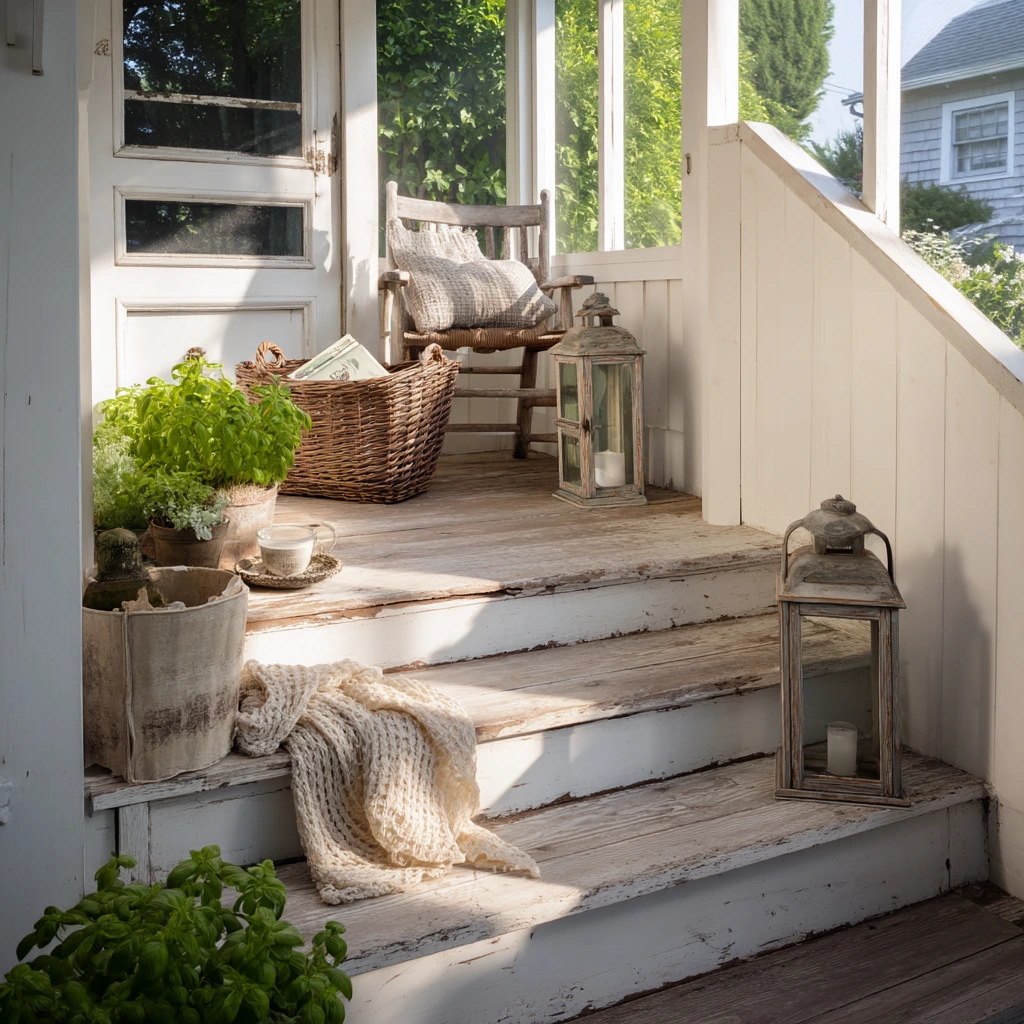 Screened Porch Steps with Cottage Warmth