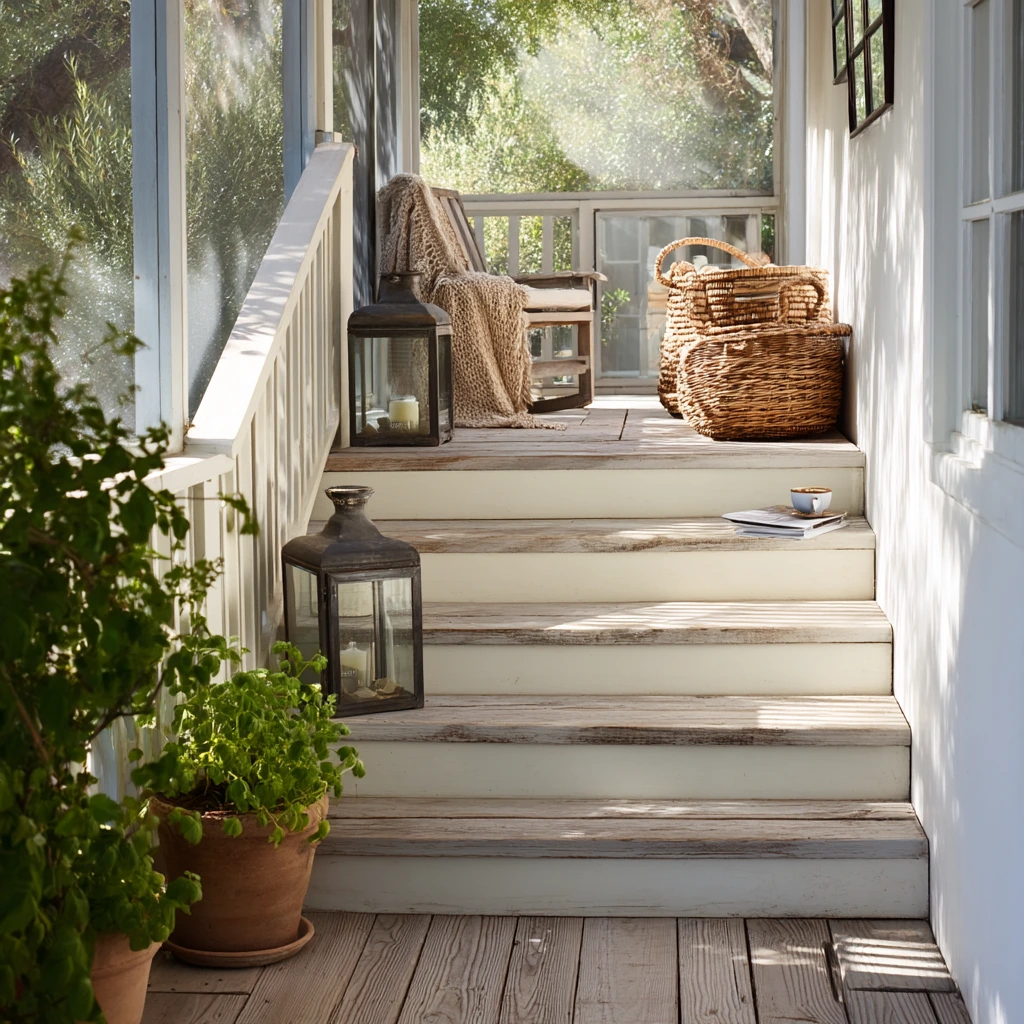 Screened Porch Steps with Cottage Warmth