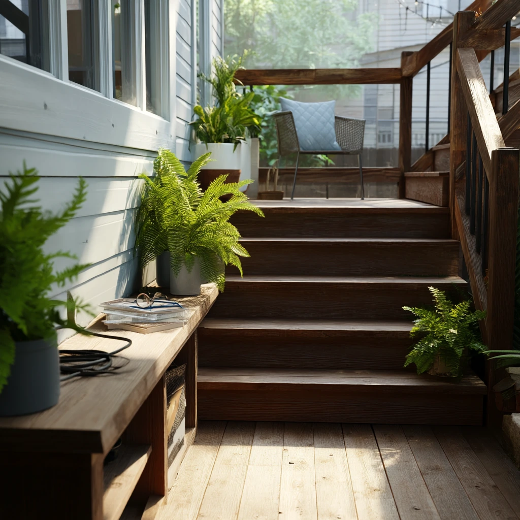 Small Yard Stair Landing with Storage