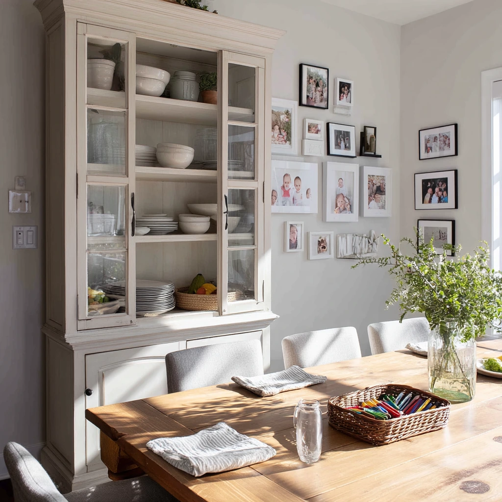 Warm Everyday Hutch Styling in a Family Dining Room