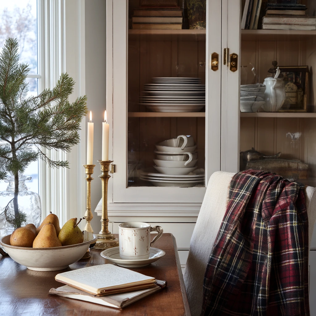 Seasonal Hutch Decor with Subtle Holiday Warmth