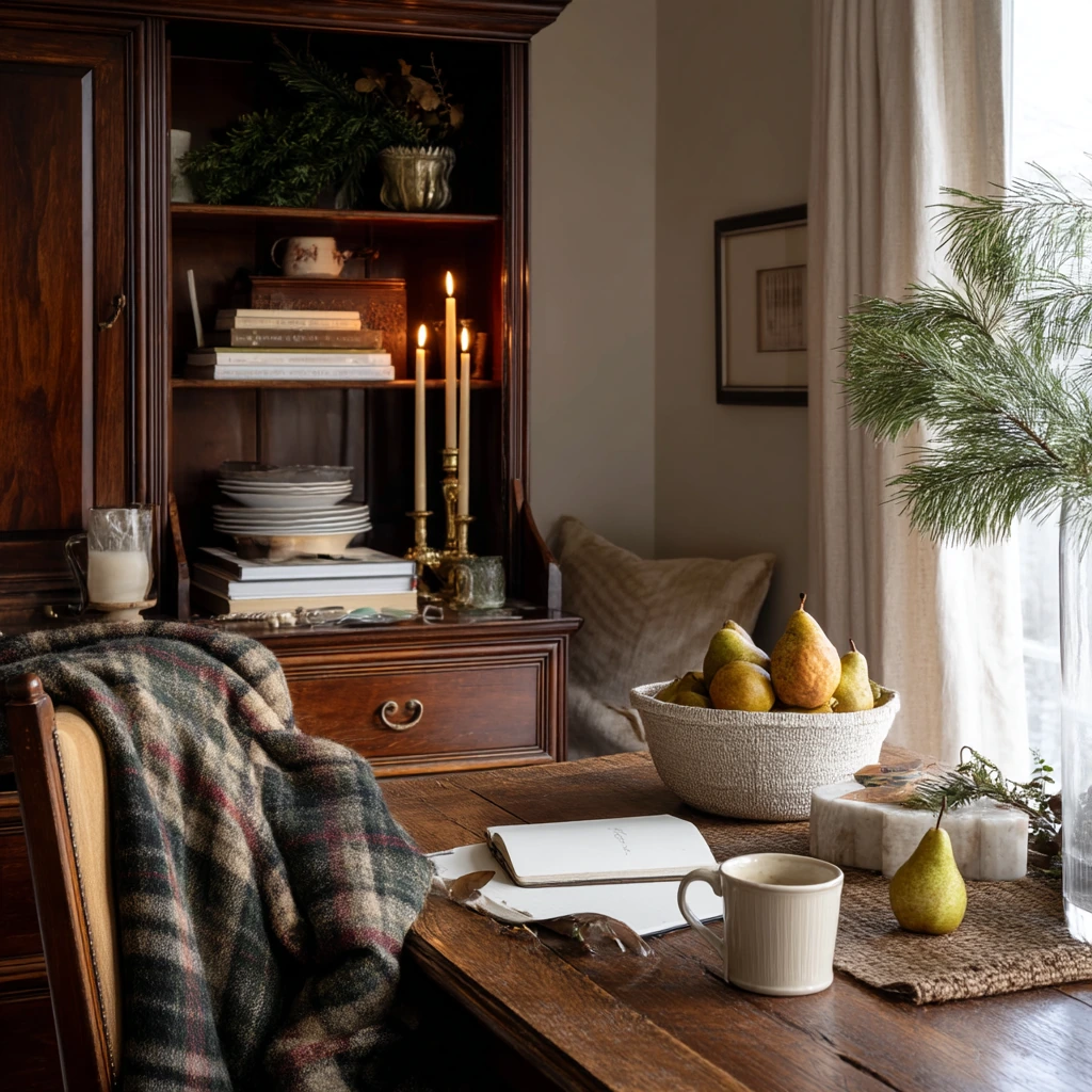 Seasonal Hutch Decor with Subtle Holiday Warmth