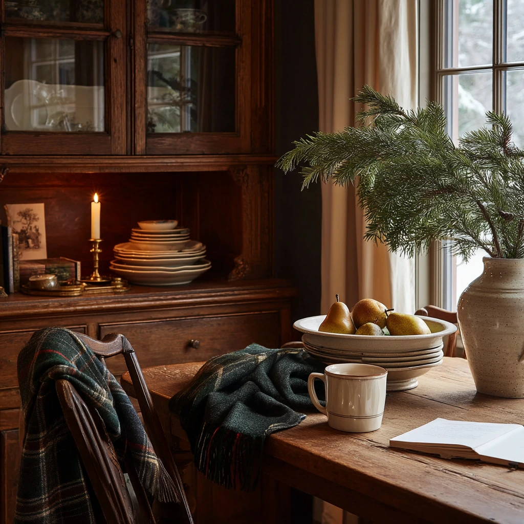 Seasonal Hutch Decor with Subtle Holiday Warmth